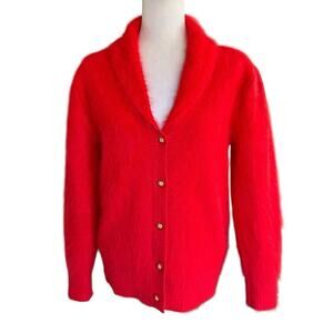 Vtg Belldini Cardigan Angora Shawl Neck Sweater Red Fuzzy Soft Classic Large